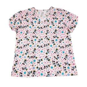 Disney Minnie Mouse Scrub Top Women's Pink Short Sleeve Pockets